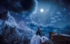 Aloy auf einem eisigen Gipfel bei Nacht