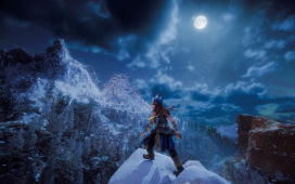 Aloy auf einem eisigen Gipfel bei Nacht